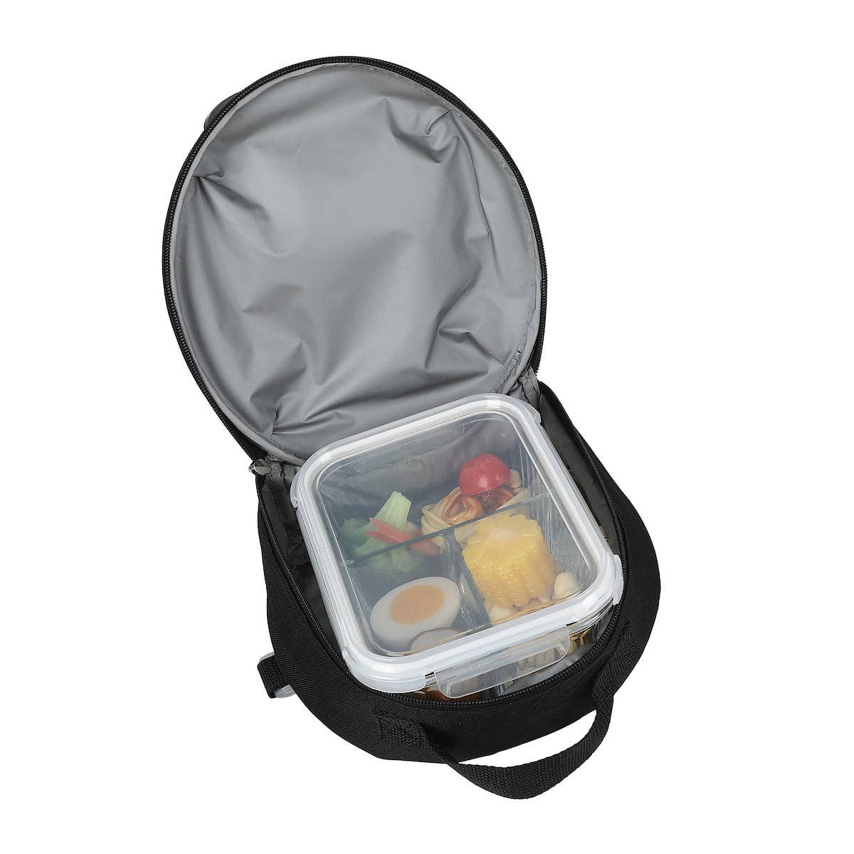 Black backpack with a transparent food container holding snacks on a white background