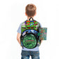 Child wearing a Teenage Mutant Ninja Turtles backpack on a white background