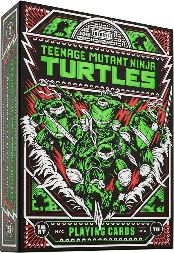 Teenage Mutant Ninja Turtles playing cards packaging with green turtles and red and black design.