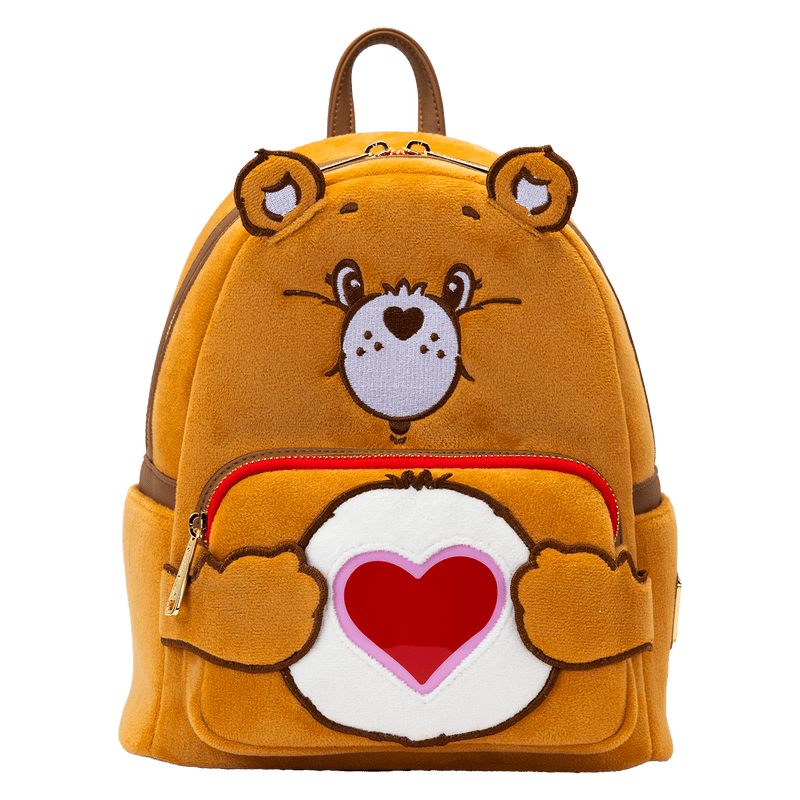 Rear view of Loungefly Care Bears Tenderheart Bear Glow Mini Backpack with zipper and handle details