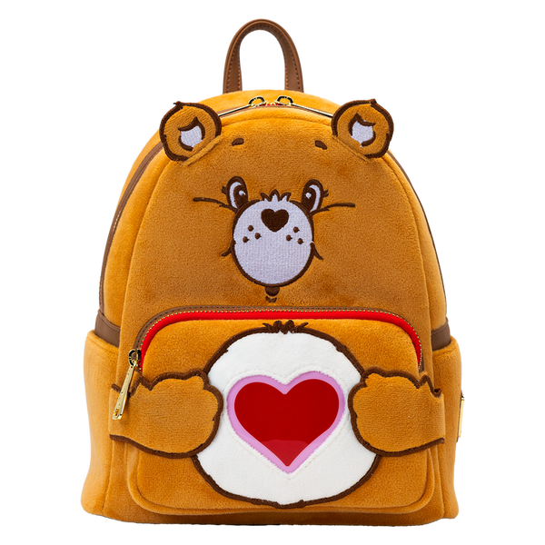 Rear view of Loungefly Care Bears Tenderheart Bear Glow Mini Backpack with zipper and handle details