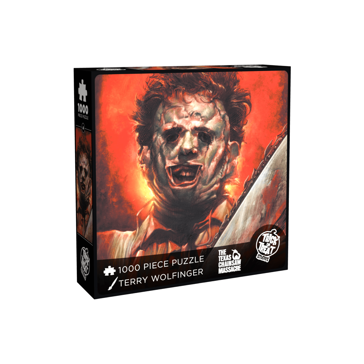 Puzzle box featuring a character with a red background and 'Texas Chainsaw Massacre' branding.