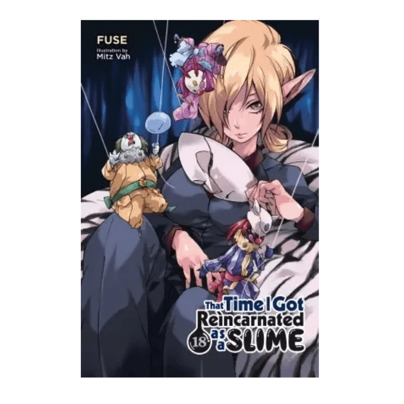 The front cover of the manga volume 'The Time I Got Reincarnated as a Slime' Volume 18, featuring an anime-style illustration of a blonde female character with pointed ears, dressed in a dark uniform, holding small plush slimes against a dark blue background.