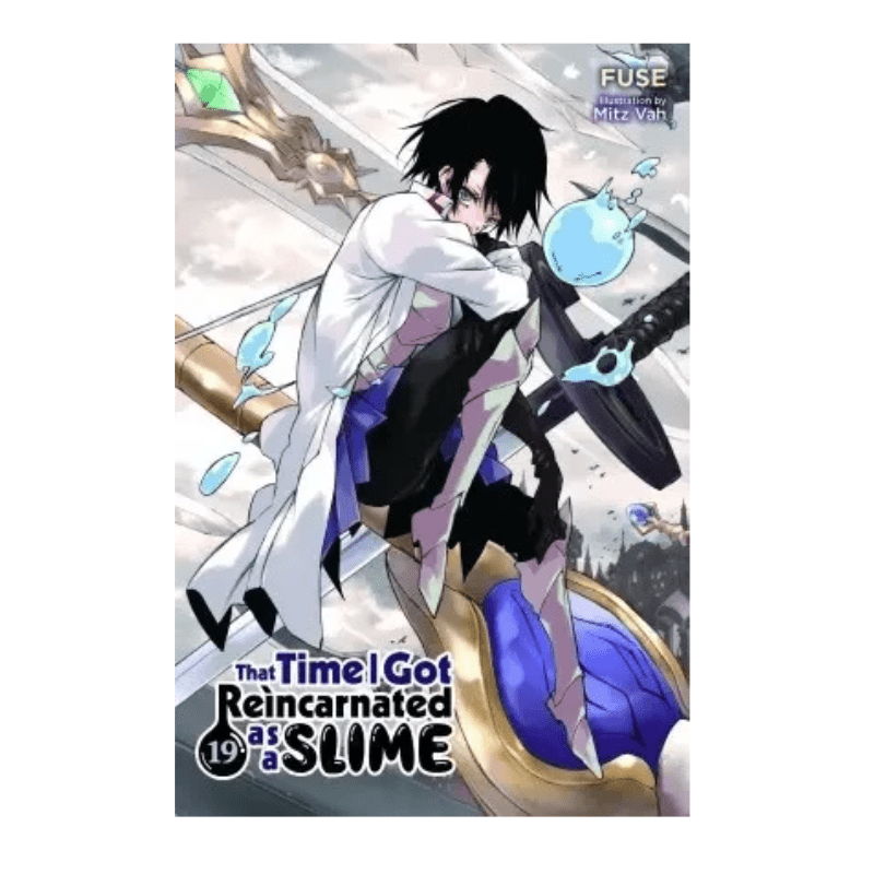 The front cover of the manga volume 'The Time I Got Reincarnated as a SLIME 19+' by Fuse, illustrated by Mitzu Wah. The cover features an anime-style illustration of a black-haired male character in a white lab coat hugging a blue slime creature on a golden throne.