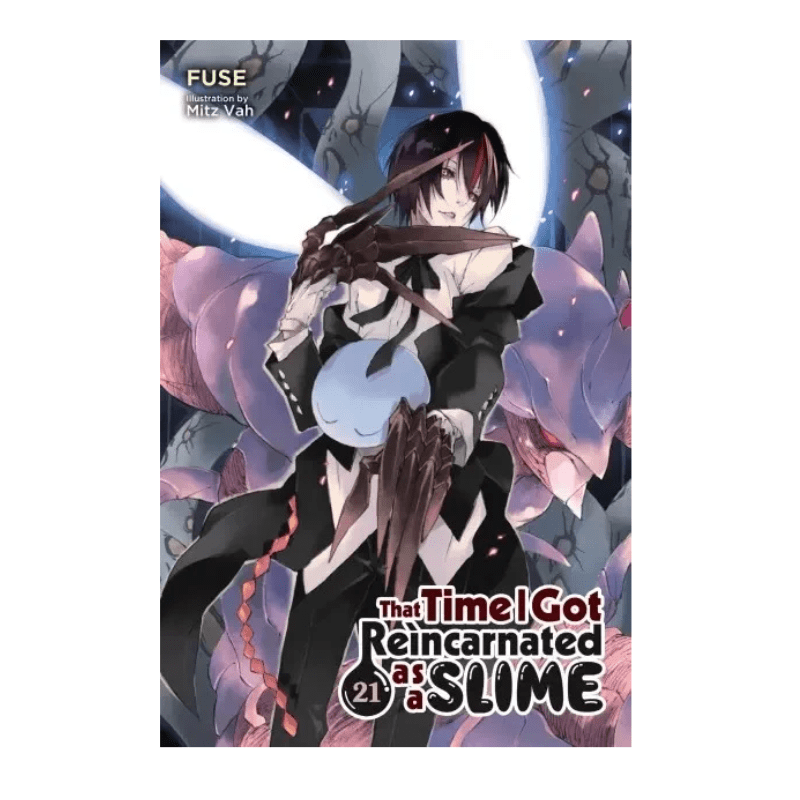 The front cover of the manga volume 'The Time I Got Reincarnated as a SLIME #21' by Mitsuh Hoshida, featuring the character Fuse in a black and white outfit with a large blue slime belly, set against a dark background with a large moon.