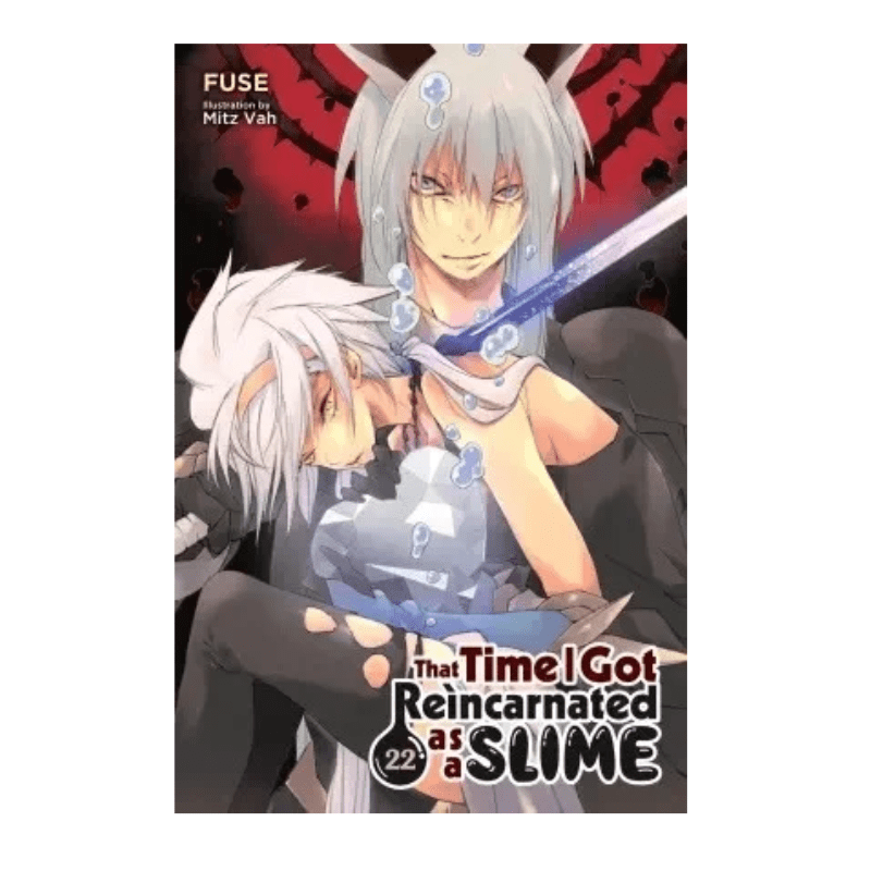 Manga book cover for 'That Time I Got Reincarnated as a SLIME' Volume 22, featuring two anime characters with white hair against a dark red and black background.