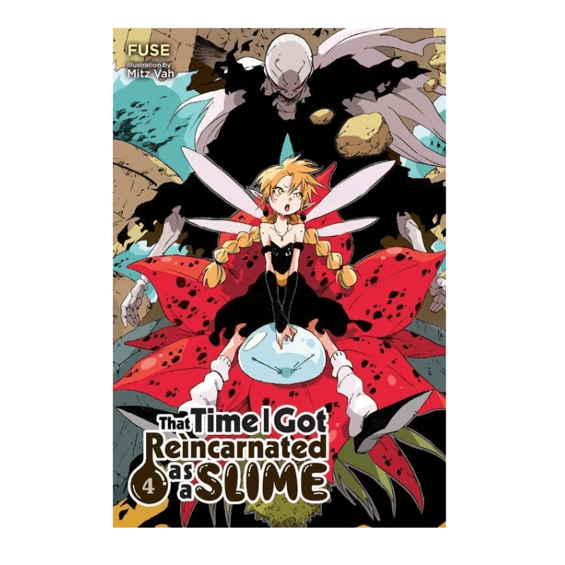 Front cover of the manga volume 'That Time I Got Reincarnated as a SLIME Volume 4' by Mitsuha Hata, featuring an anime-style illustration of a blonde girl in a black and white outfit with wings, sitting on a red flower-like slime form with a dark monster in the background.