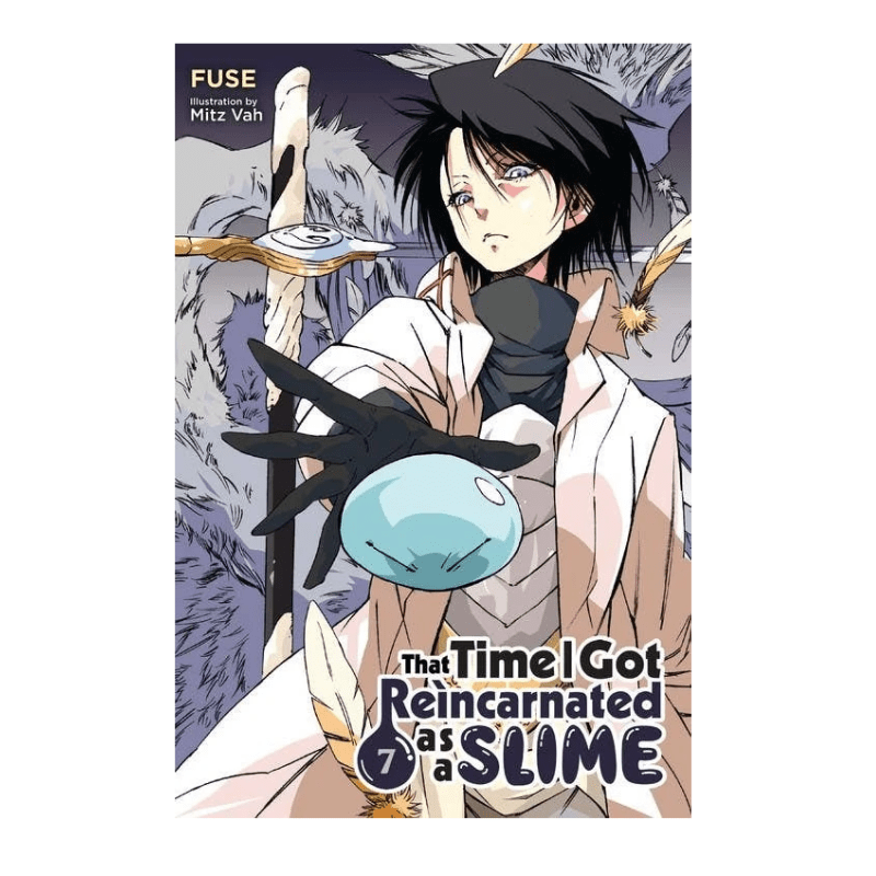 Front cover of the manga book 'The Time I Got Reincarnated as a SLIME' Volume 7, featuring an anime-style illustration of a character with black hair and a black slime body holding a blue slime ball.