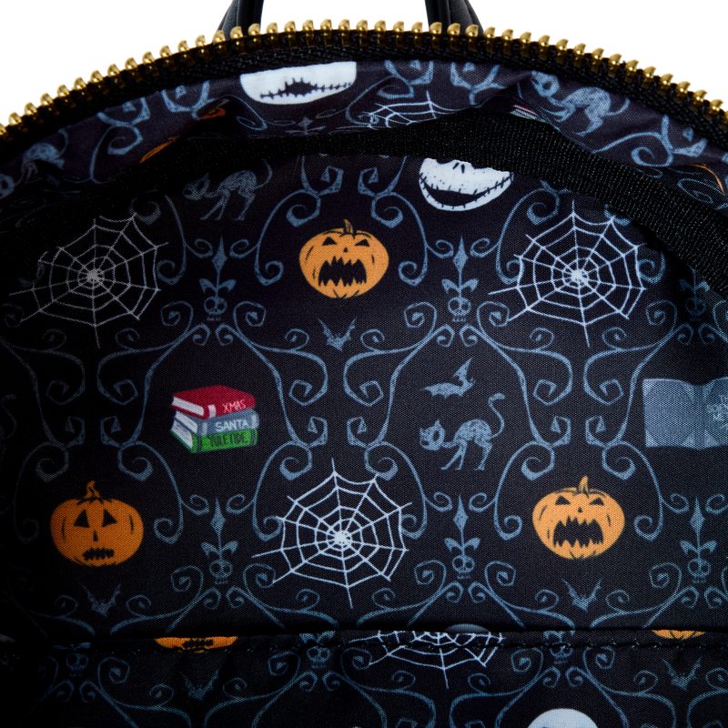 Exclusive Loungefly glow mini backpack celebrating The Nightmare Before Christmas with a creative scientific method Bedtime Jack theme.