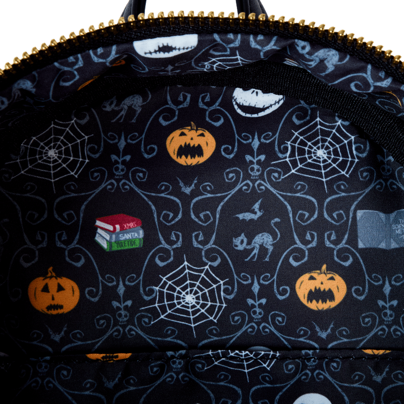 Exclusive Loungefly glow mini backpack celebrating The Nightmare Before Christmas with a creative scientific method Bedtime Jack theme.