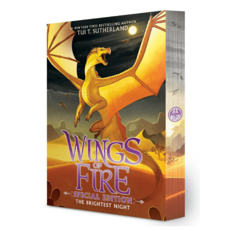 Wings of Fire: The Brightest Night Special Edition paperback book by Tui T. Sutherland, featuring a golden dragon flying at night under a full moon on the cover.