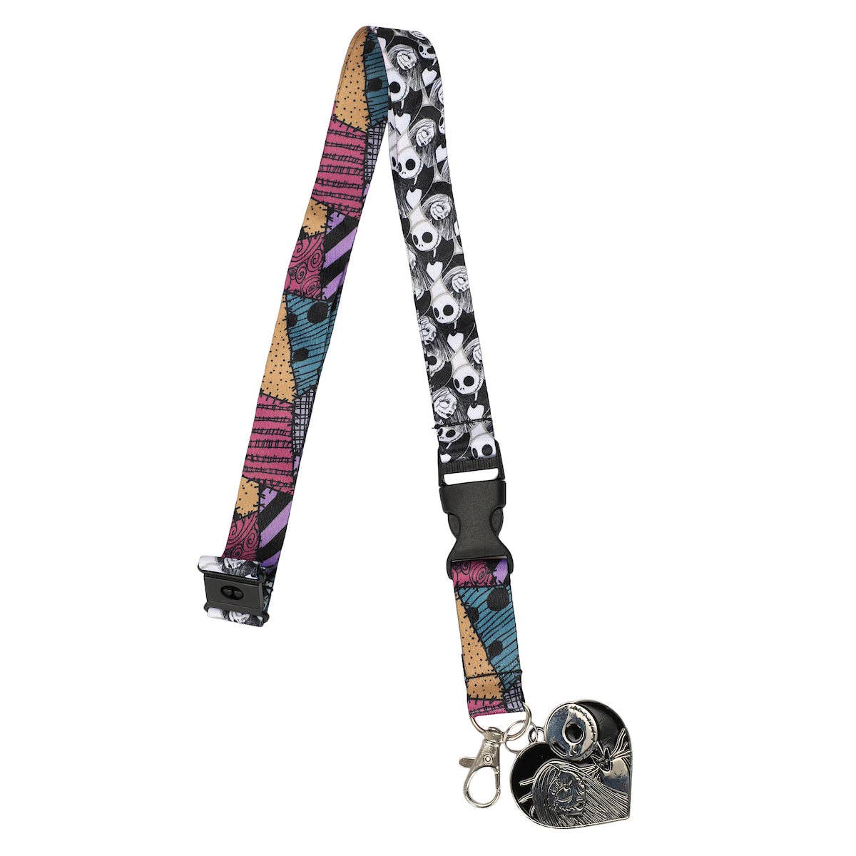 Lanyard with colorful design and heart-shaped keychain on a white background