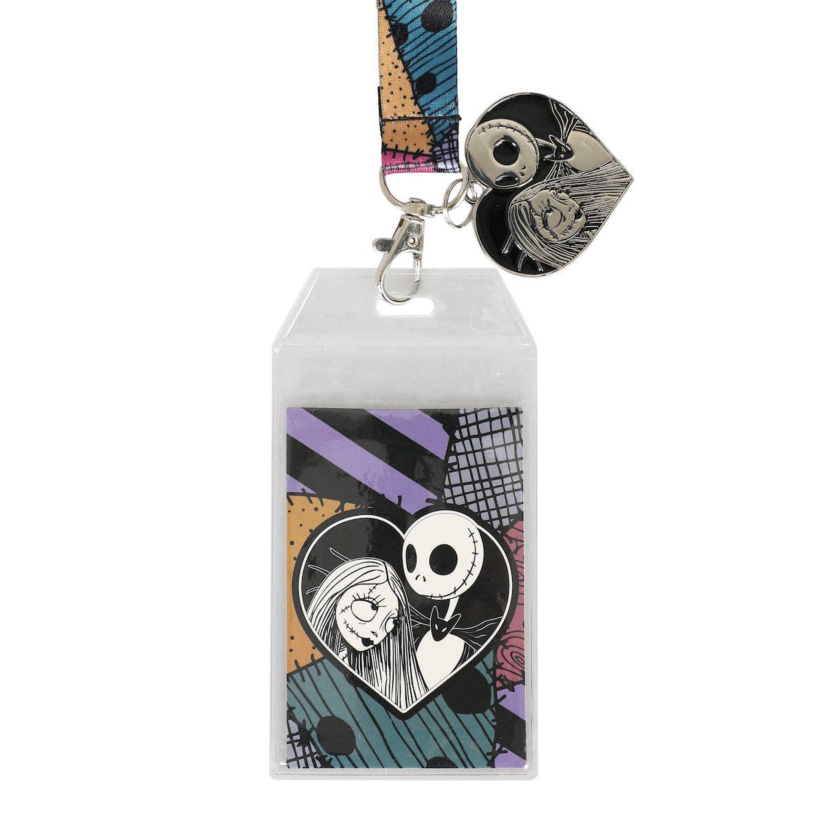 Heart-shaped keychain with cartoon characters in a box on a white background