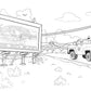 Black and white line art illustration of a billboard reading 'Amity Island' with a jeep driving past it on a road, shown as a coloring-page style drawing.