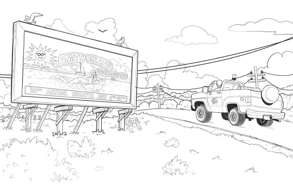 Black and white line art illustration of a billboard reading 'Amity Island' with a jeep driving past it on a road, shown as a coloring-page style drawing.
