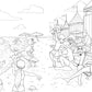 Black and white line art illustration of a beach scene with people swimming, sitting on chairs, and relaxing on the sand near a lifeguard stand.