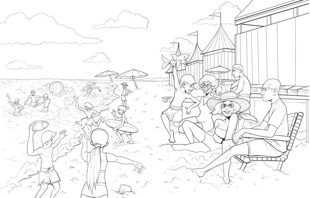 Black and white line art illustration of a beach scene with people swimming, sitting on chairs, and relaxing on the sand near a lifeguard stand.