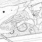 Black and white line art illustration depicting a giant shark with its mouth wide open, reaching toward a person lying on a ship's deck.