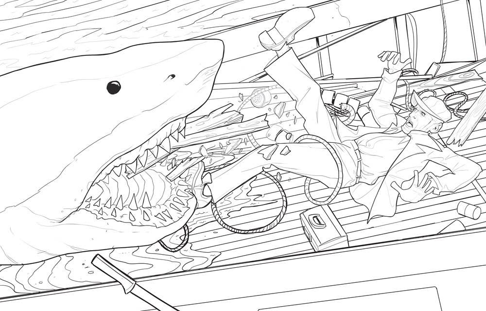Black and white line art illustration depicting a giant shark with its mouth wide open, reaching toward a person lying on a ship's deck.