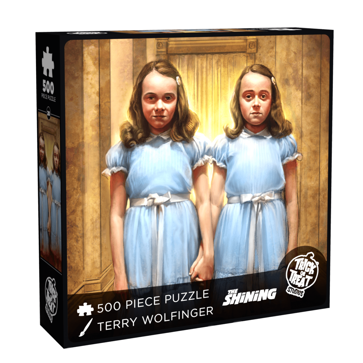 Puzzle box featuring two girls in blue dresses with a wooden door background, 'The Shining' branding visible.