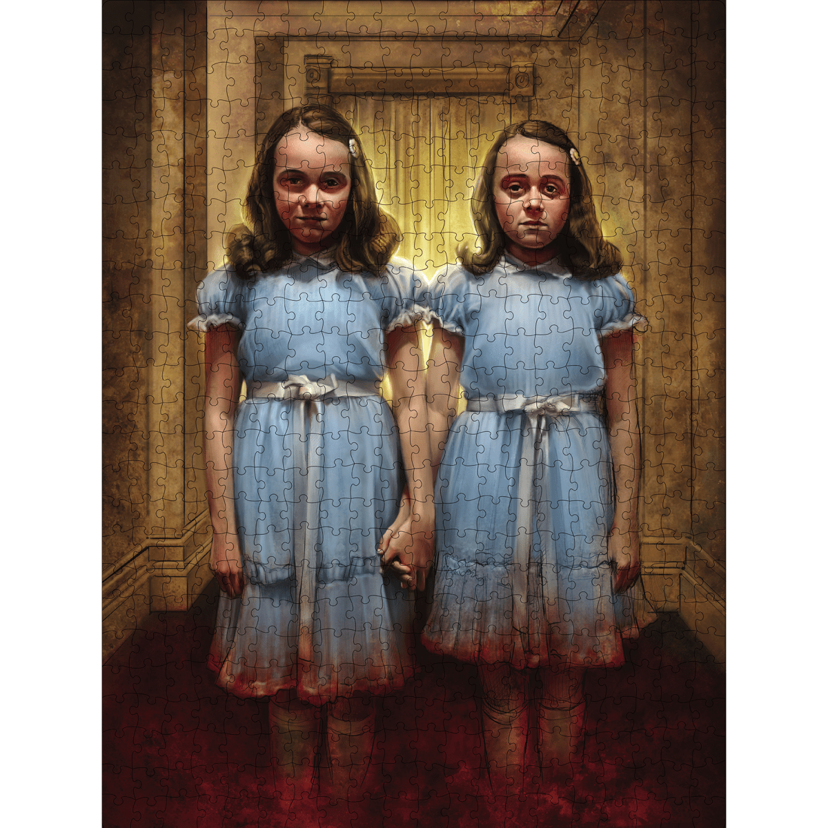 Jigsaw puzzle with two identical figures in blue dresses standing in a hallway.