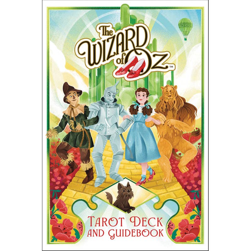 Cover of 'The Wizard of Oz' tarot deck and guidebook with characters on a yellow brick road.