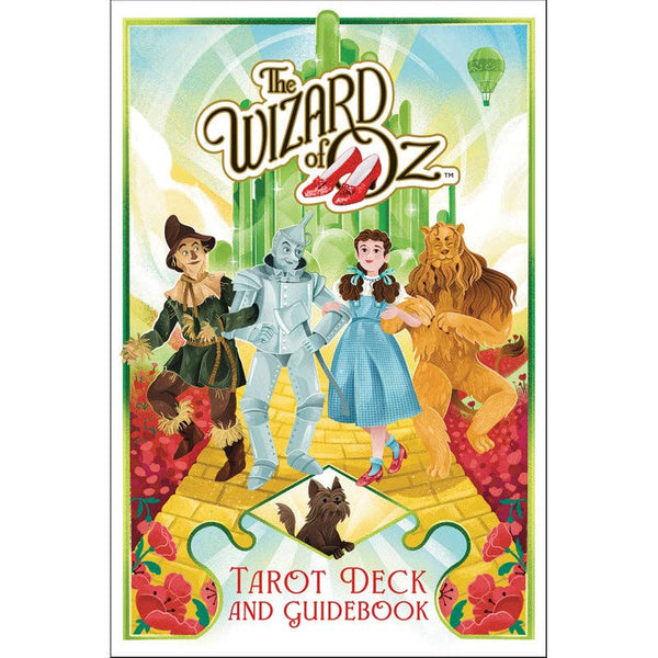 Cover of 'The Wizard of Oz' tarot deck and guidebook with characters on a yellow brick road.
