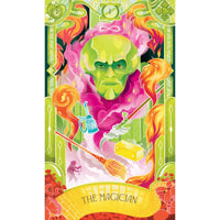 Colorful tarot card featuring a character labeled 'The Magician' with vibrant green, pink, and orange colors.