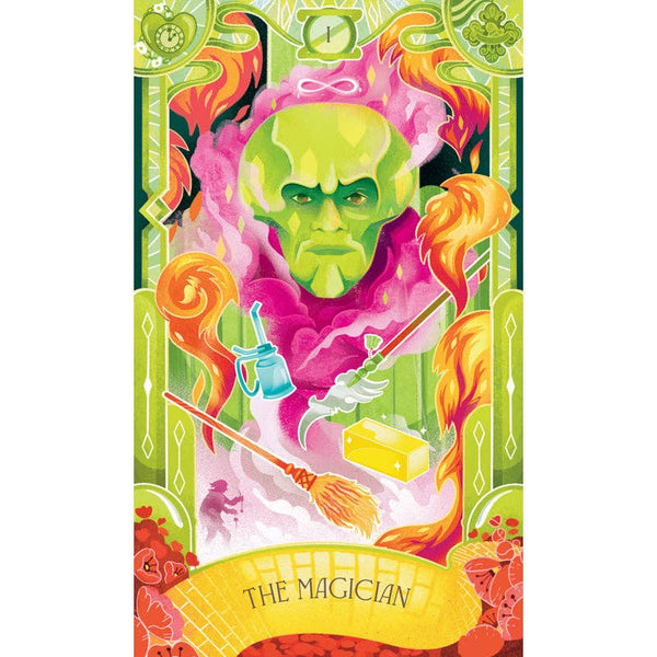 Colorful tarot card featuring a character labeled 'The Magician' with vibrant green, pink, and orange colors.