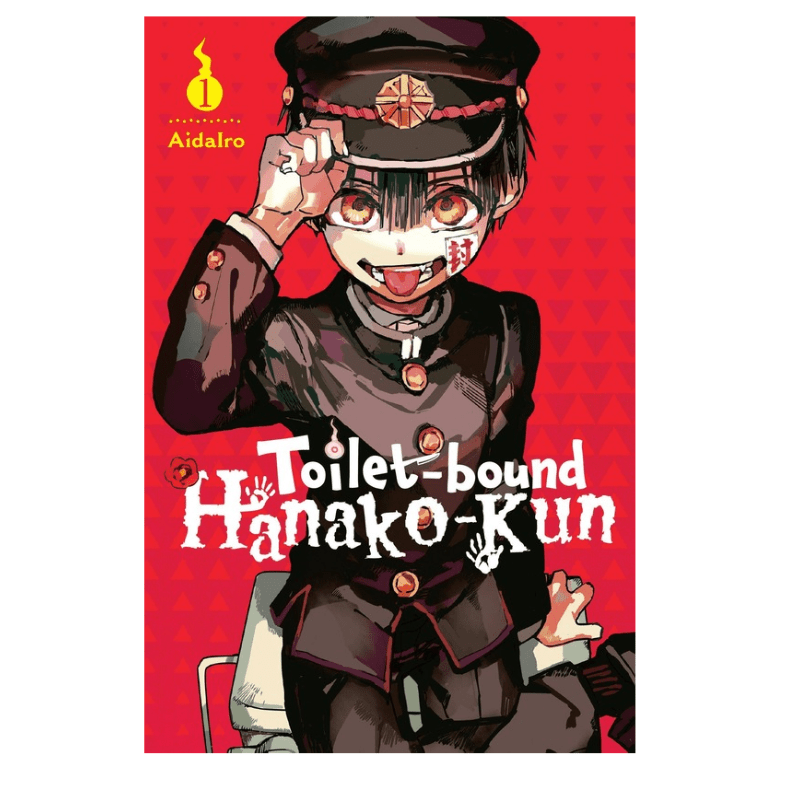 A manga book cover for Volume 2 of 'Toilet-bound Hanako-Kun' by Aidalro, featuring an anime-style illustration of a girl in a dark uniform and cap against a red patterned background.