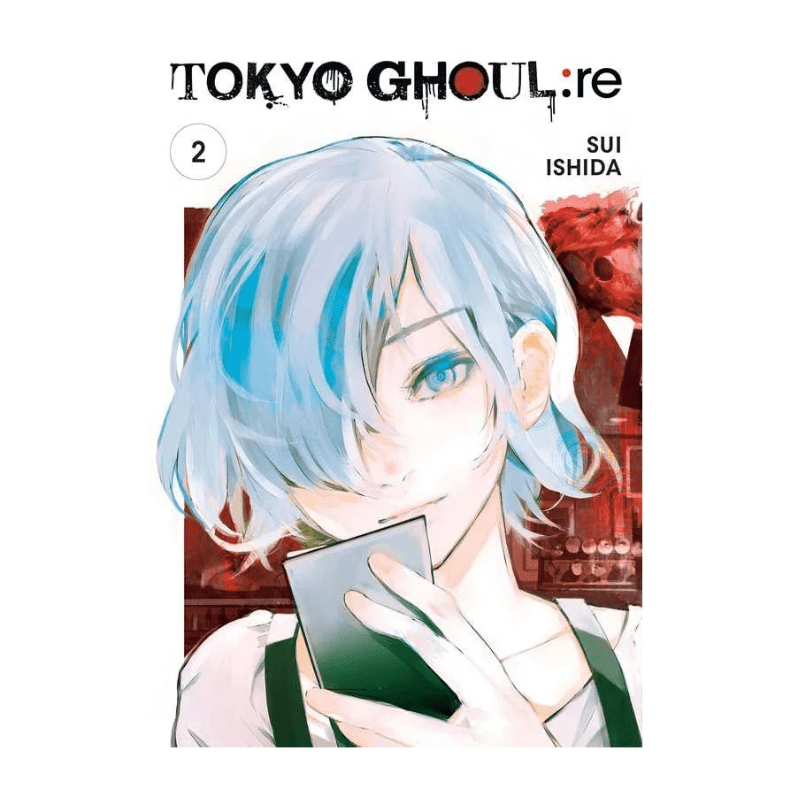 Tokyo Ghoul: re volume 2 manga book cover by Sui Ishida, featuring an anime-style illustration of a pale blue-haired character holding a phone, with the title at the top on a white background.