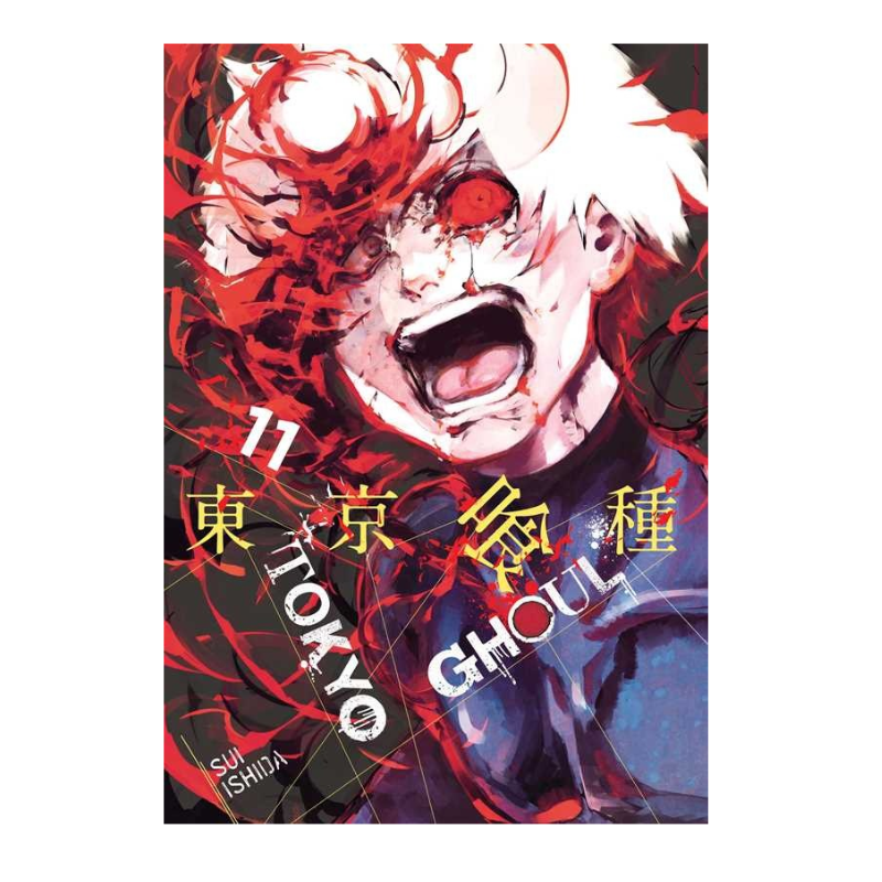 Tokyo Ghoul volume 11 manga book cover featuring a screaming character with white hair, red eyes, and red swirling marks on a dark background, with the title text 'Tokyo Ghoul' and 'Volume 11' overlaid.