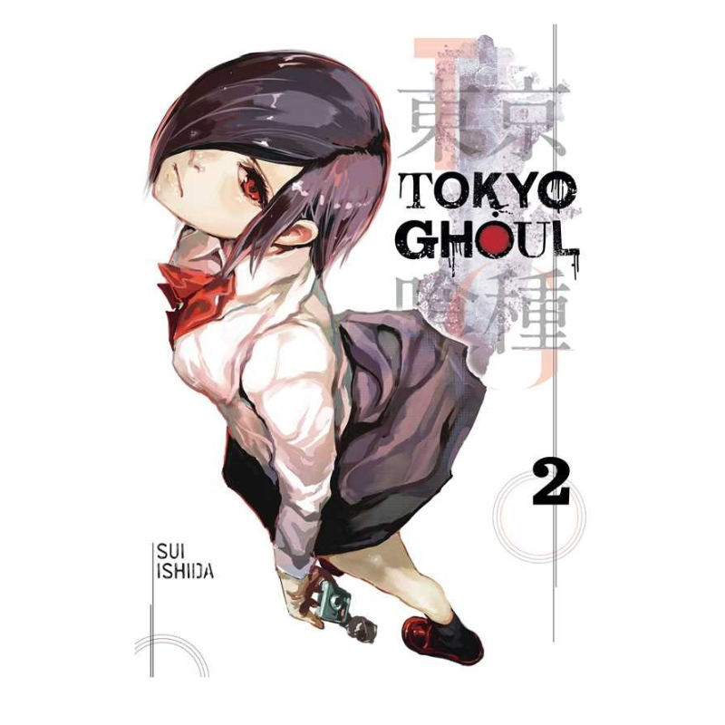 Tokyo Ghoul volume 2 manga book cover illustration featuring a stylized anime character with dark hair and red eyes, wearing a white shirt, dark skirt, and red bow tie, on a white background with the title text 'TOKYO GHOUL' and volume number 2.