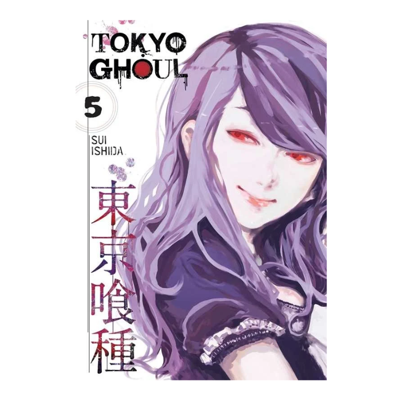 Tokyo Ghoul volume 5 manga book cover featuring a stylized illustration of a woman with long lavender-purple hair, pale skin, and red eyes, with the title 'Tokyo Ghoul' and author name Sui Ishida visible on a white background.
