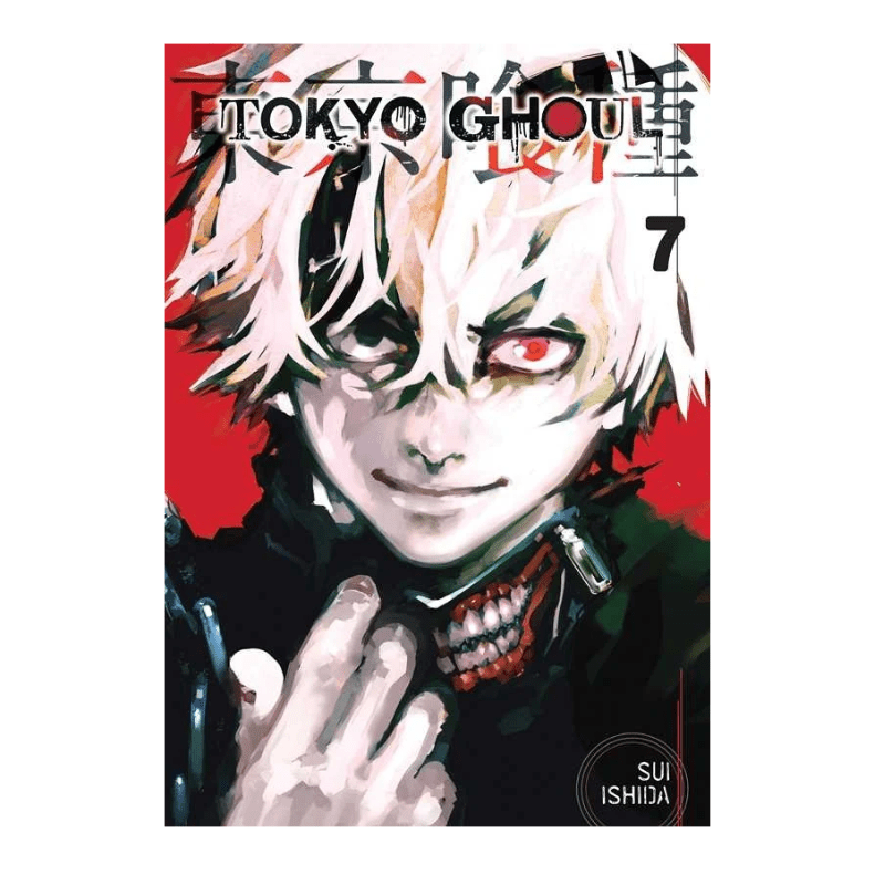 Tokyo Ghoul volume 7 manga book cover featuring a stylized illustrated character with white hair, one red eye, and a dark outfit against a red background.
