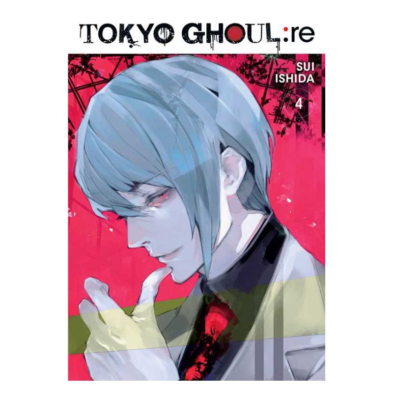 Tokyo Ghoul Volume 4 manga book cover by Sui Ishida, featuring a stylized illustration of a character with silver hair against a red and pink background, with the title 'TOKYO GHOUL re' at the top.