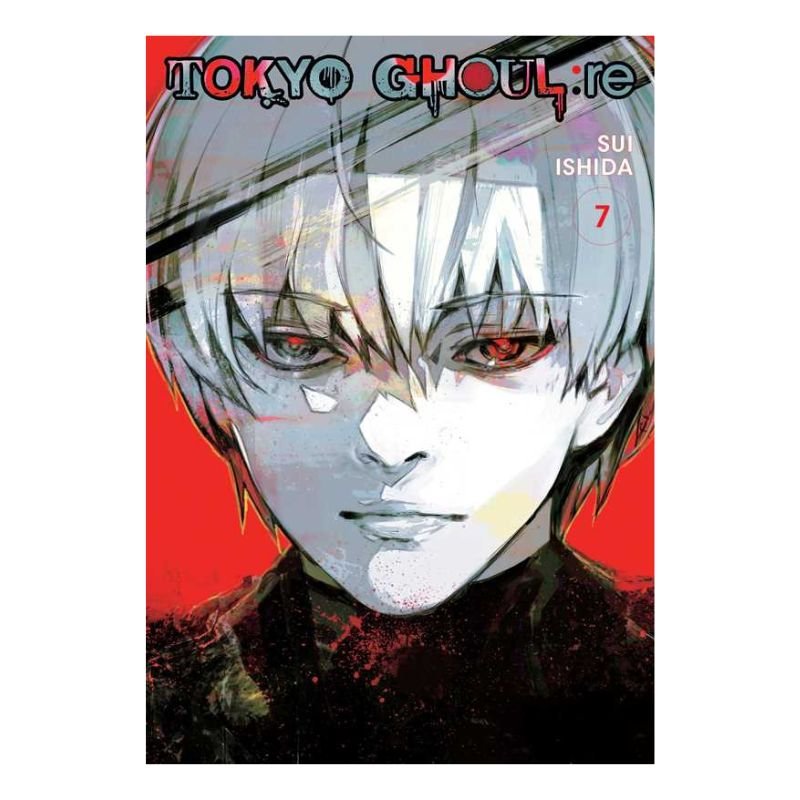 Tokyo Ghoul -re volume 7 manga book cover by Sui Ishida, featuring a close-up illustration of the character with white hair and red eyes against a red background.