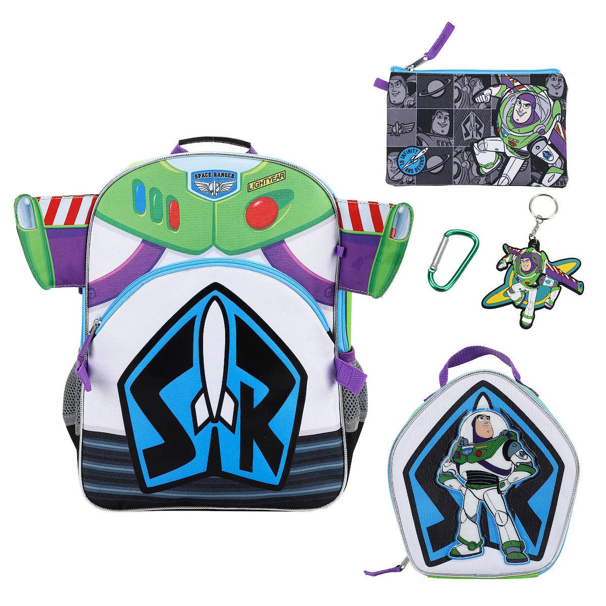 Toy Story Buzz Lightyear backpack with accessories on a white background
