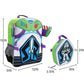 A Buzz Lightyear themed backpack shown with a matching lunch bag on a white background, with measurement lines and dimensions indicating the sizes of both items.