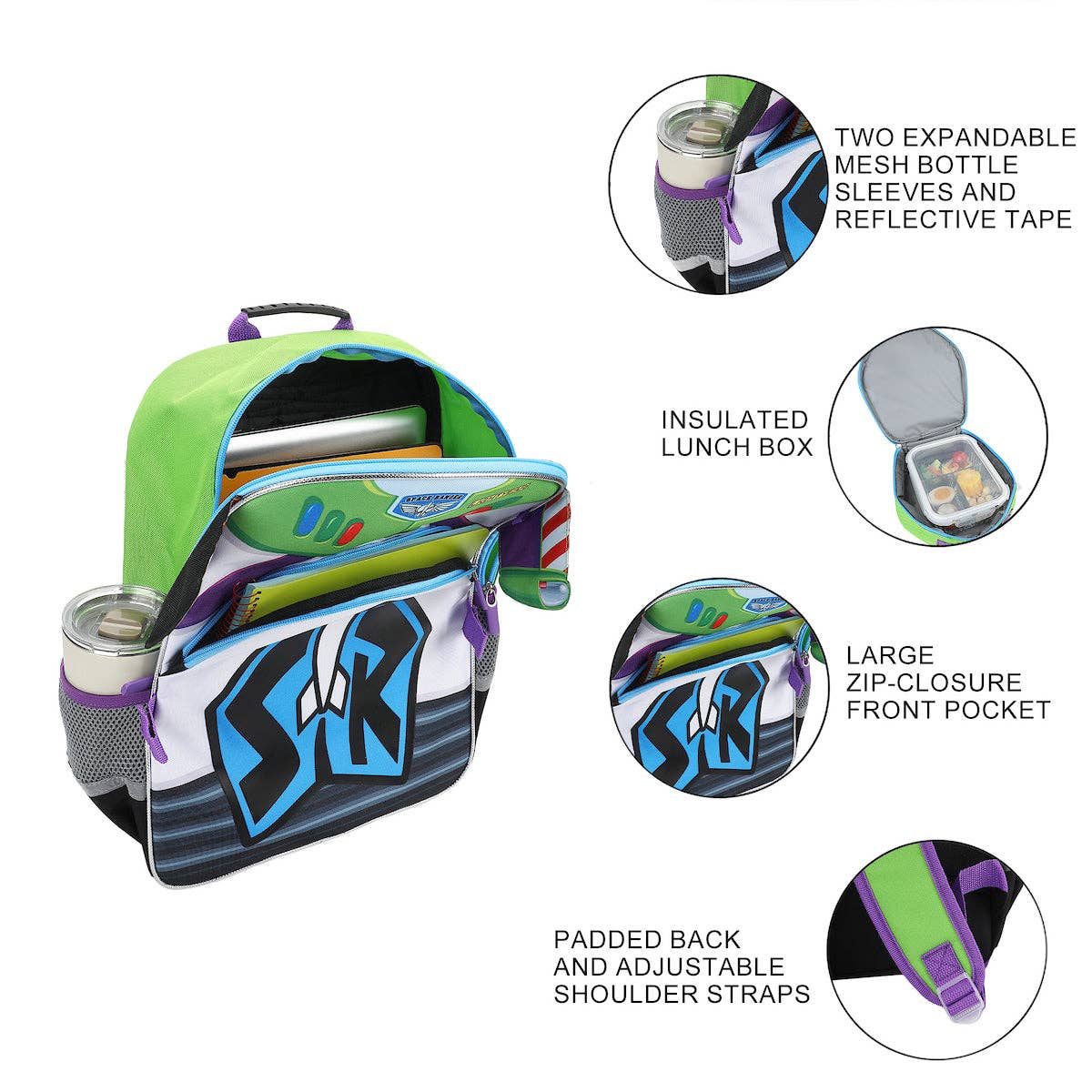 Backpack with expandable bottle sleeves, insulated lunch box, and reflective tape on a white background