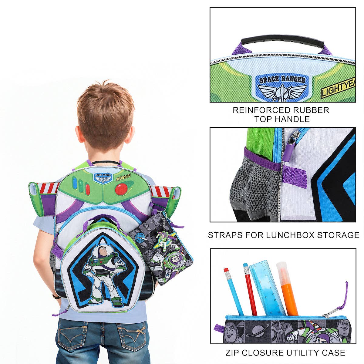 A children's Buzz Lightyear backpack shown on a child from the back, with three inset detail panels highlighting a reinforced rubber top handle, lunchbox storage straps, and a zip closure utility case. The backpack features Buzz Lightyear graphics and colors on a white background.