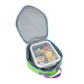 Open cooler bag with compartments containing food items on a white background