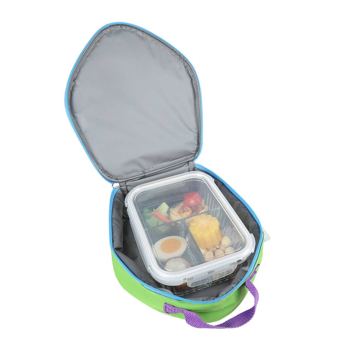 Open cooler bag with compartments containing food items on a white background