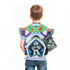 Child wearing a Buzz Lightyear backpack with a white background