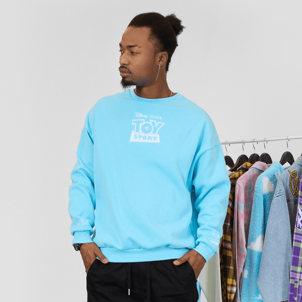 Person wearing a light blue 'Toy Story' sweatshirt in front of a clothing rack.
