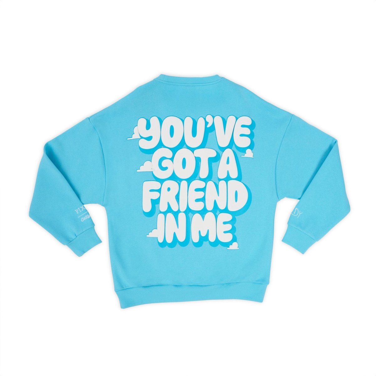 Light blue sweatshirt with white text on a white background