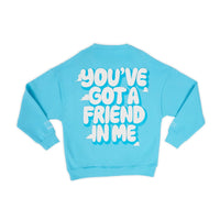 Light blue sweatshirt with white text on a white background