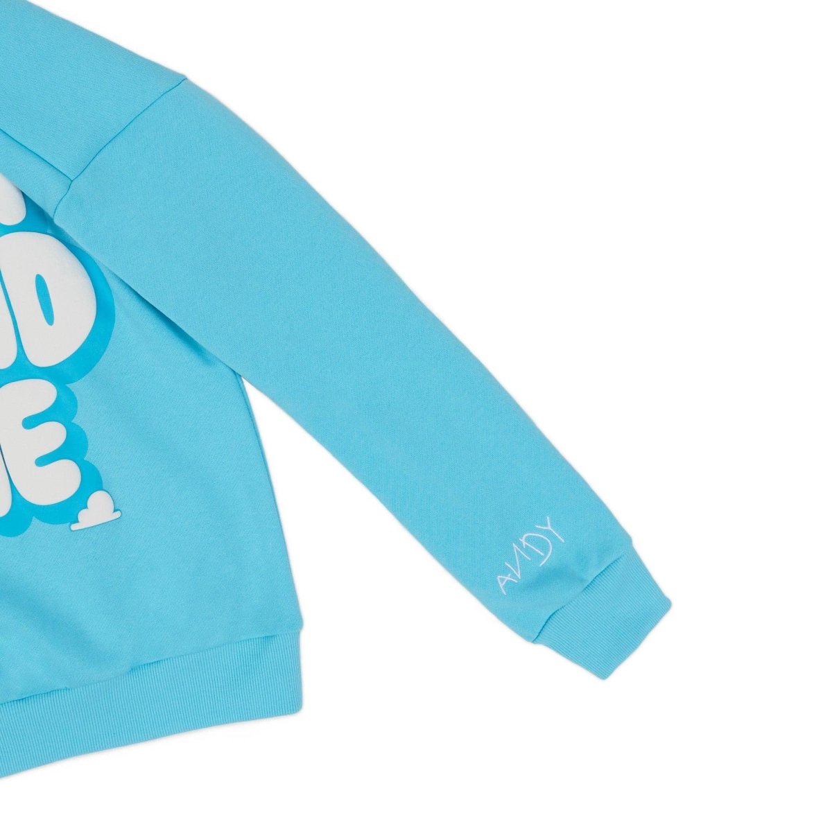 Close-up of a blue hoodie with text on a white background