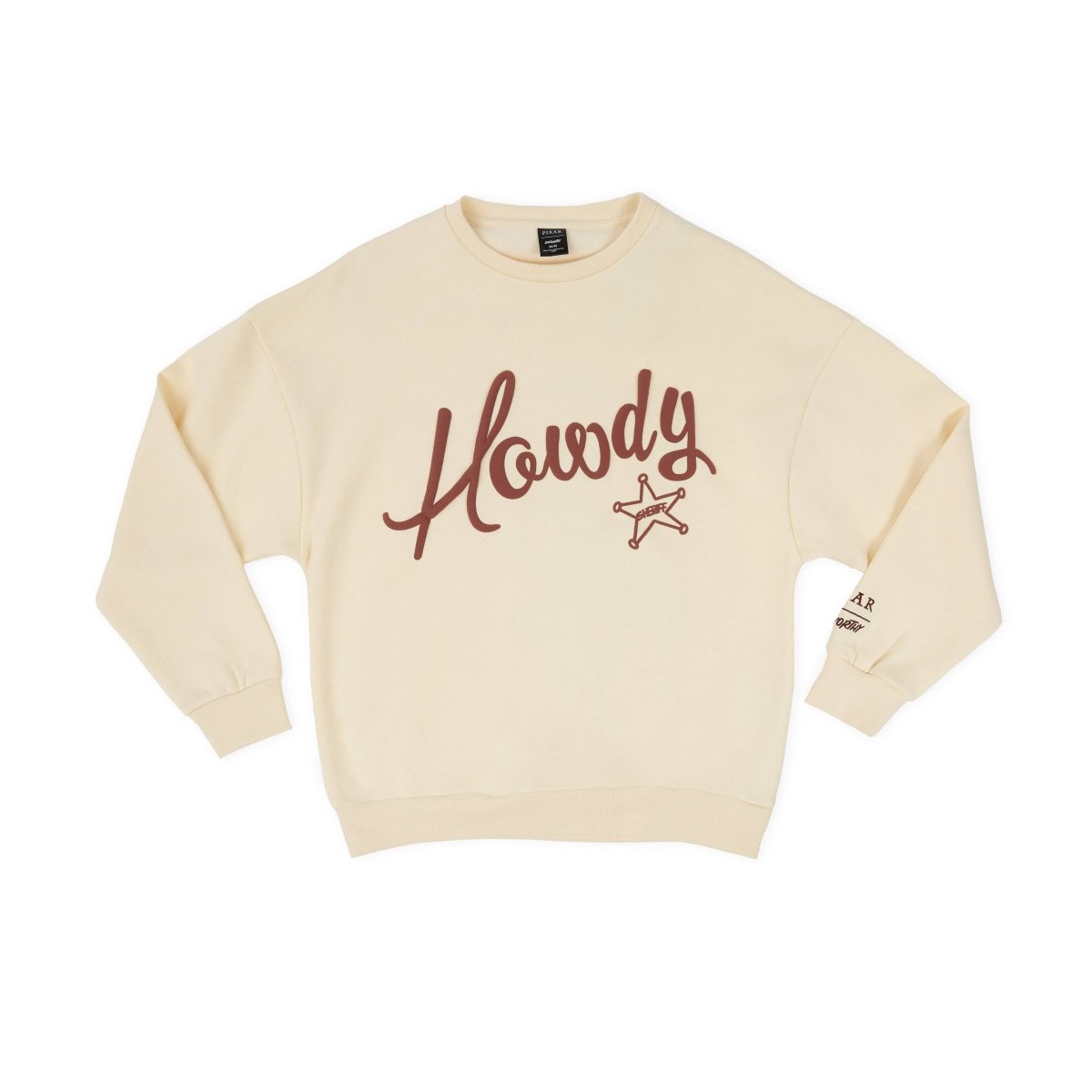 Beige sweatshirt with 'Howdy' text and star graphic on a white background