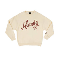 Beige sweatshirt with 'Howdy' text and star graphic on a white background